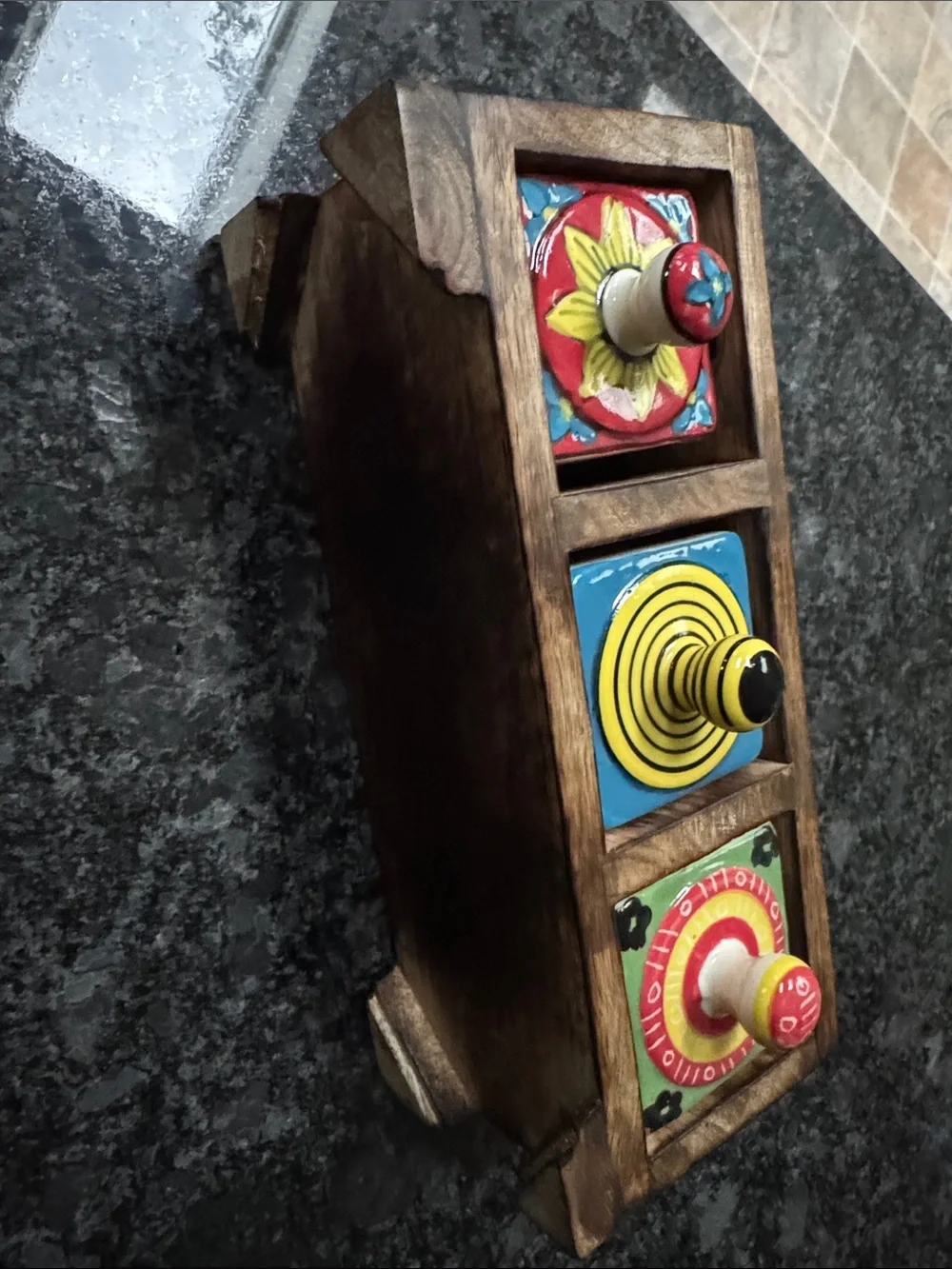 Handcrafted Wood Three-Drawer Jewelry Organizer with Colorful Ceramic Drawers